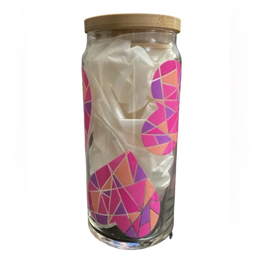 Glass Tumbler With Bamboo Lid Geometric Heart Design Pink Purple